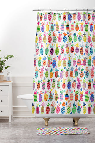 Ninola Design Geo pineapples Multicolored Shower Curtain And Mat