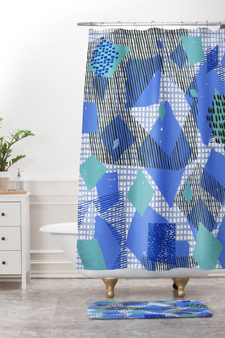 Ninola Design Geometric patches blue Shower Curtain And Mat