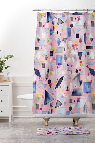 Ninola Design Geometric Pieces Pink Shower Curtain And Mat