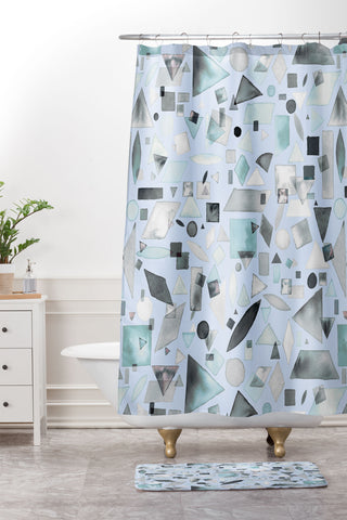Ninola Design Geometric pieces Soft blue Shower Curtain And Mat