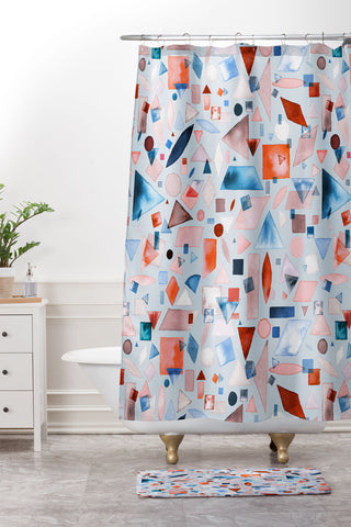 Ninola Design Geometric Shapes and Pieces Blue Shower Curtain And Mat