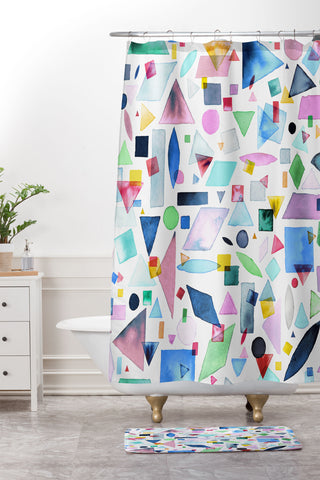 Ninola Design Geometric Shapes and Pieces Multicolored Shower Curtain And Mat