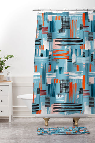 Ninola Design Geometric stripy stitches blue Shower Curtain And Mat