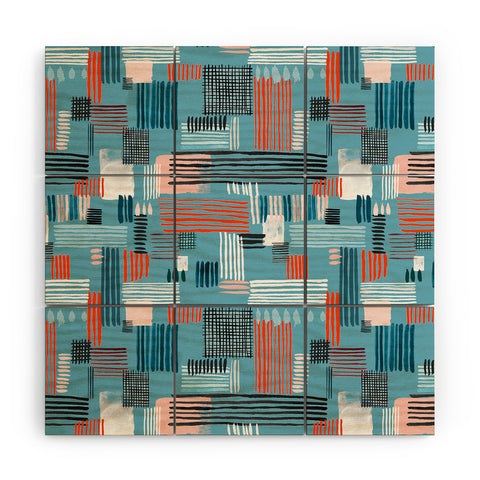 Ninola Design Geometric stripy stitches blue Wood Wall Mural