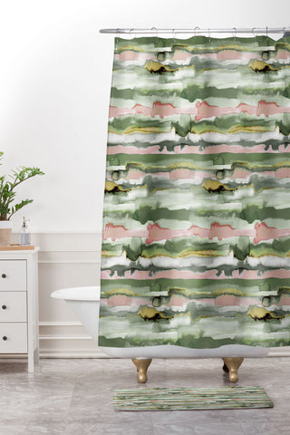 Ninola Design Gradient Watercolor Lines Coral Shower Curtain And Mat