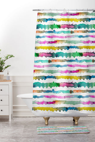 Ninola Design Gradient Watercolor Lines Pink Shower Curtain And Mat