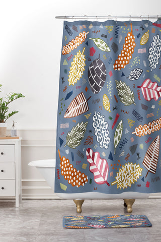 Ninola Design Graphic leaves textures Blue Shower Curtain And Mat