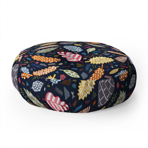 Ninola Design Graphic leaves textures Navy Floor Pillow Round
