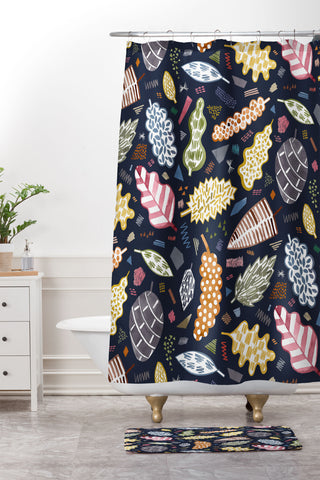 Ninola Design Graphic leaves textures Navy Shower Curtain And Mat