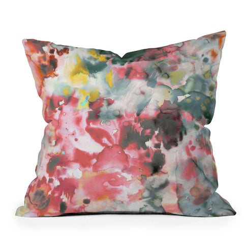 Ninola Design Green and coral ink washes painting Throw Pillow
