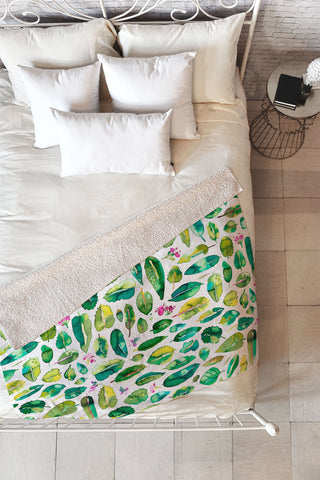 Ninola Design Green leaves botanical Fleece Throw Blanket