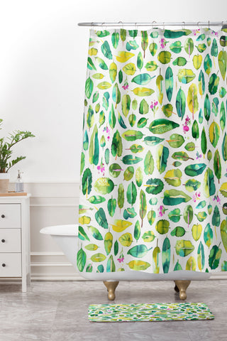 Ninola Design Green leaves botanical Shower Curtain And Mat