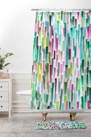 Ninola Design Green Modern Brushstrokes Nature Stripes Shower Curtain And Mat