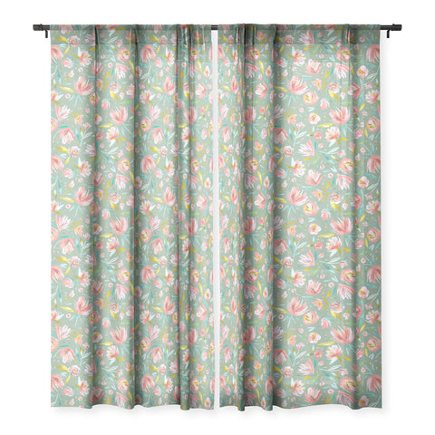Ninola Design Green peonies festival floral Sheer Window Curtain