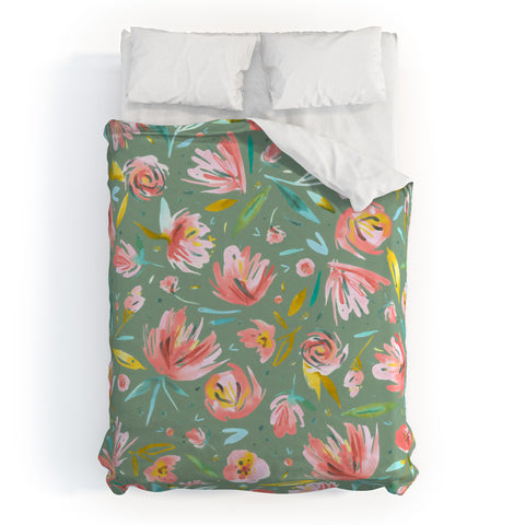Ninola Design Green peonies festival floral Duvet Cover