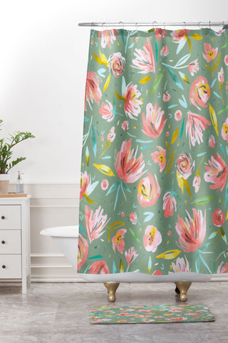 Ninola Design Green peonies festival floral Shower Curtain And Mat