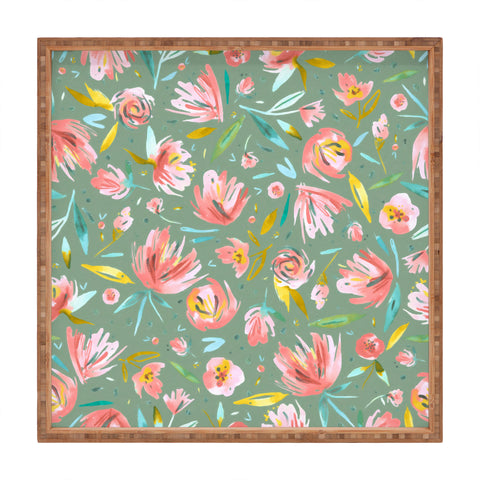 Ninola Design Green peonies festival floral Square Tray