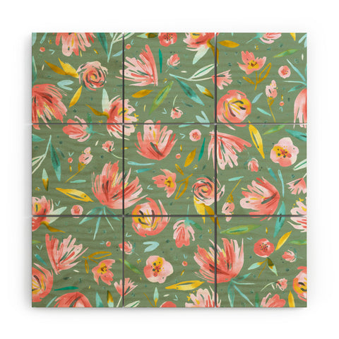 Ninola Design Green peonies festival floral Wood Wall Mural