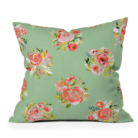 Ninola Design Green sweet roses bouquet watercolor Throw Pillow