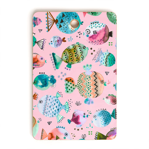 Ninola Design Happy Colorful Fishes Pink Cutting Board Rectangle