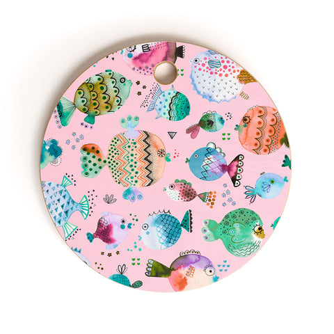Ninola Design Happy Colorful Fishes Pink Cutting Board Round