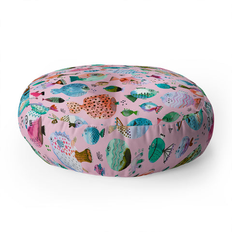 Ninola Design Happy Colorful Fishes Pink Floor Pillow Round