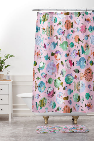 Ninola Design Happy Colorful Fishes Pink Shower Curtain And Mat