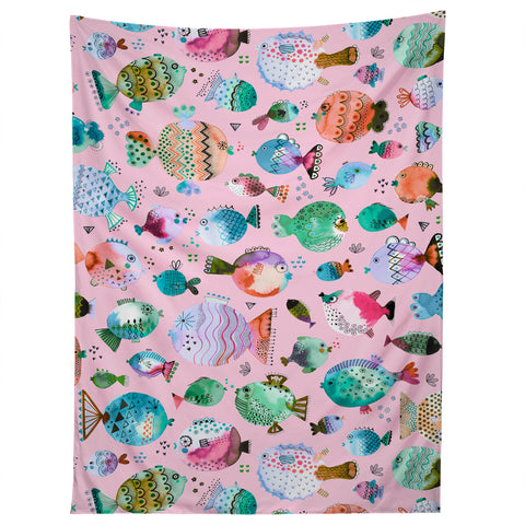 Ninola Design Happy Colorful Fishes Pink Tapestry