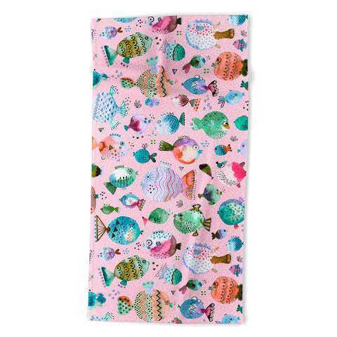 Ninola Design Happy Colorful Fishes Pink Beach Towel