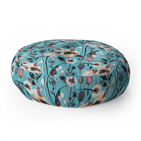Ninola Design Happy Spring Flowers Blue Floor Pillow Round