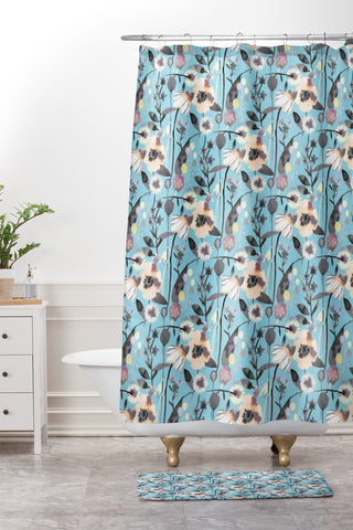Ninola Design Happy Spring Flowers Blue Shower Curtain And Mat
