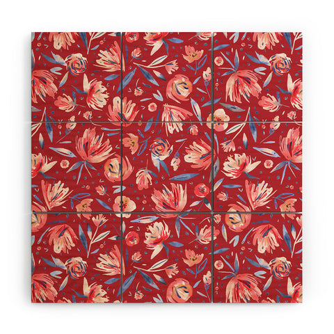 Ninola Design Holiday Peonies Red Wood Wall Mural