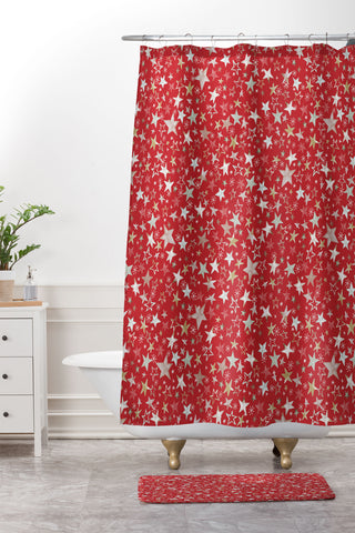 Ninola Design Holiday stars christmas red Shower Curtain And Mat
