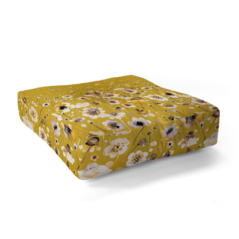 Ninola Design Ink flowers Mustard Floor Pillow Square