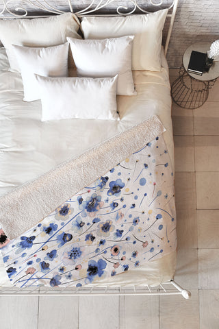 Ninola Design Ink flowers Soft blue Fleece Throw Blanket