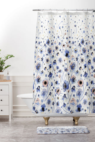 Ninola Design Ink flowers Soft blue Shower Curtain And Mat