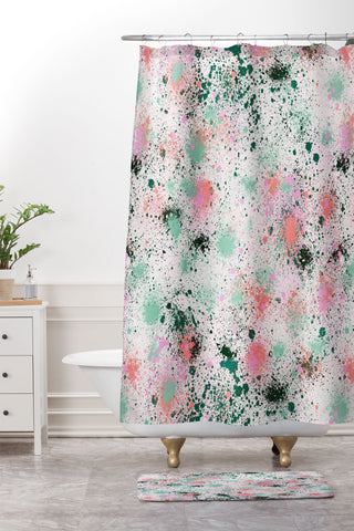 Ninola Design Ink Splatter Coral Green Shower Curtain And Mat