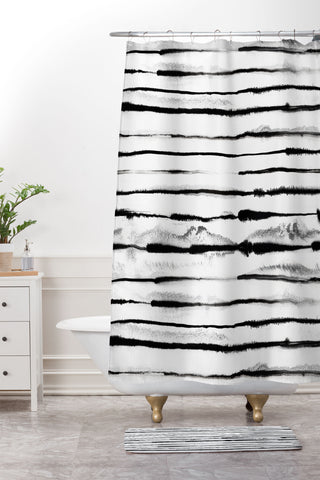 Ninola Design Ink stripes White Shower Curtain And Mat