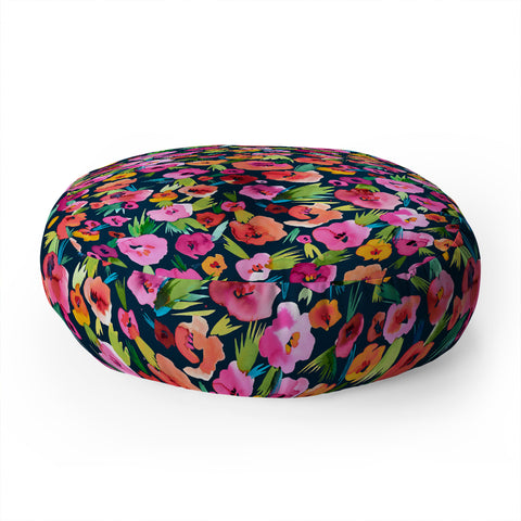 Ninola Design Jungle Tropical Flowers Navy Floor Pillow Round