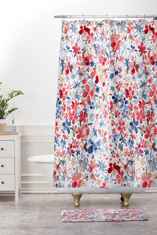 Ninola Design Liberty Colorful Petals Red and Blue Shower Curtain And Mat
