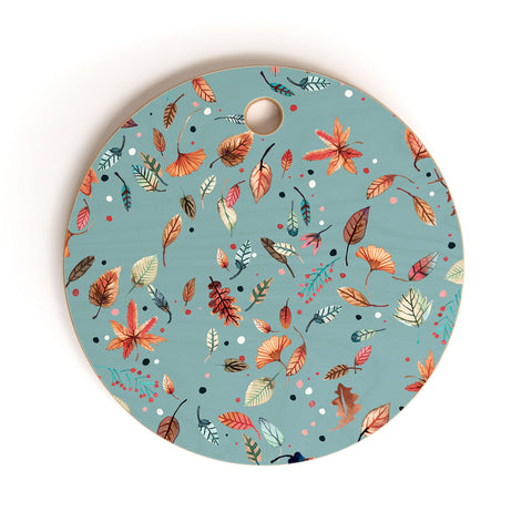 Ninola Design Little Autumn Leaves Blue Cutting Board Round
