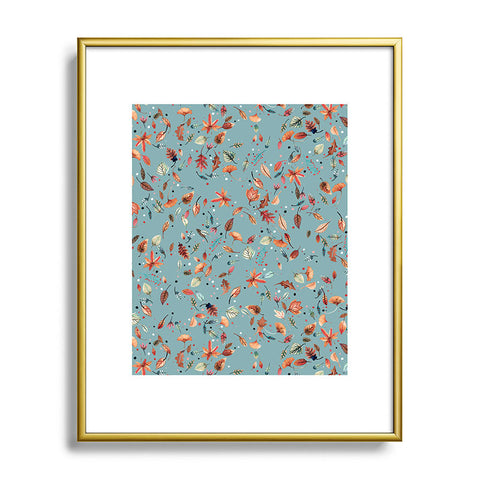 Ninola Design Little Autumn Leaves Blue Metal Framed Art Print