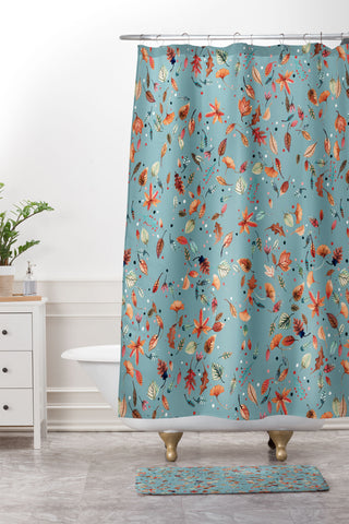 Ninola Design Little Autumn Leaves Blue Shower Curtain And Mat