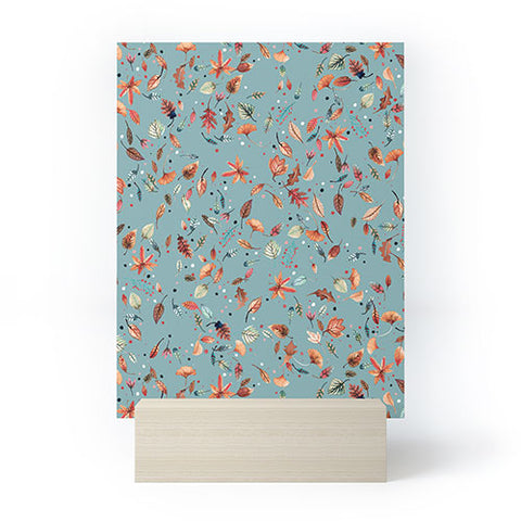 Ninola Design Little Autumn Leaves Blue Mini Art Print