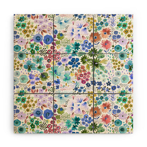 Ninola Design Little expressive flowers Blue Wood Wall Mural