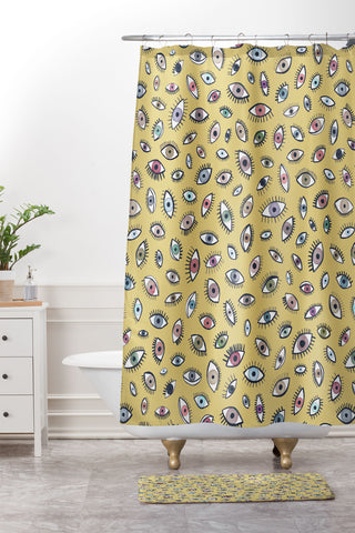 Ninola Design Looking eyes Mustard yellow Shower Curtain And Mat