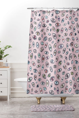 Ninola Design Looking eyes Pink Shower Curtain And Mat