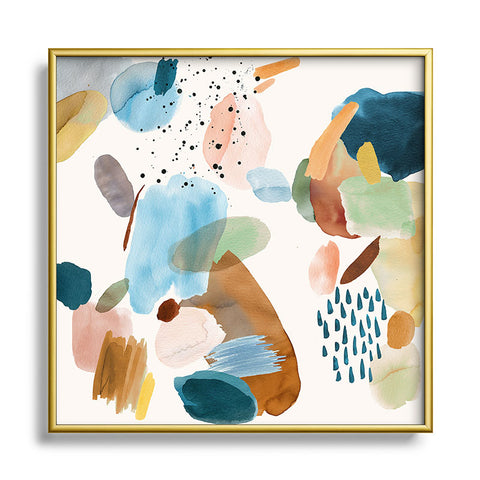 Ninola Design Mineral Abstract Gold Blue Square Metal Framed Art Print