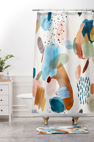 Ninola Design Mineral Abstract Gold Blue Shower Curtain And Mat