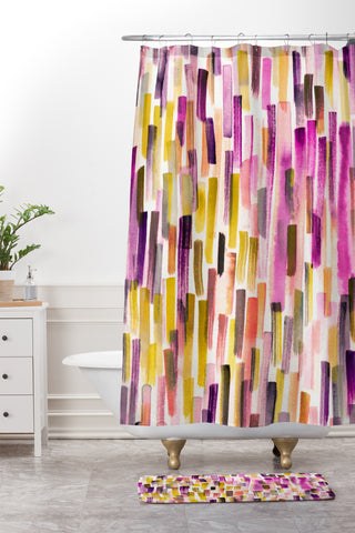 Ninola Design Modern purple brushstrokes painting stripes Shower Curtain And Mat